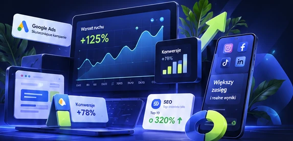 Ilustracja marketingu cyfrowego: reklama, SEO, analityka i przykładowe wykresy